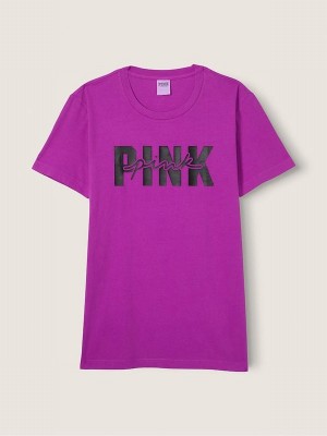 Purple Victoria Secret Cotton Sleeve Campus T Shirts | TYQMC7205