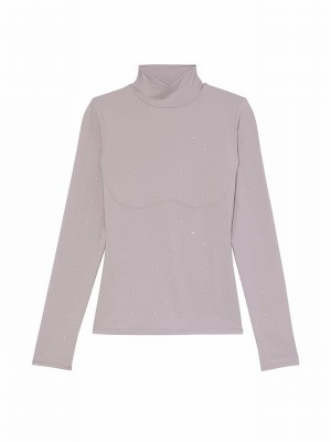 Purple Victoria Secret Dutsy Diamante Mock Neck Soft Stretch T Shirts | PDFTE6013