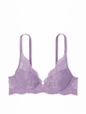Purple Victoria Secret Frozen Plum Lace Half Pad Plunge Bras | ZOITR7059