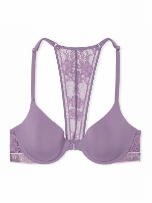 Purple Victoria Secret Frozen Plum Lightly Lined Front Close Lace Demi Bras | RCEZT6247
