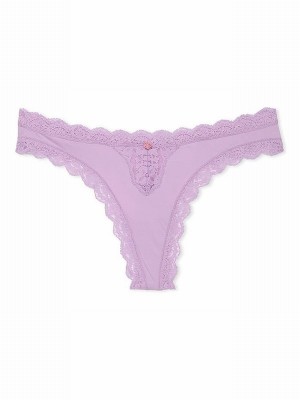 Purple Victoria Secret Silky Lilac Lace Trim Thong Underwear | TPRXV7190