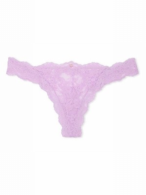 Purple Victoria Secret Silky Lilac Lace Thong Underwear | LVKRM7135