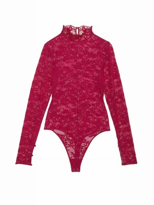 Red Victoria Secret Campari Lace Long Sleeve Bodysuit Lingerie | WOKUY2847