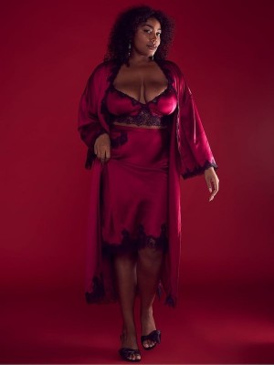 Red Victoria Secret Campari Satin Lace Trim Open Back Robe Nightwear | JECVL2736