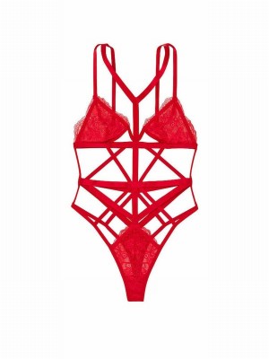 Red Victoria Secret Lipstick Lace Strappy Bodysuit Lingerie | NQJTR9175