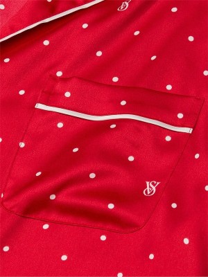 Red Victoria Secret Lipstick Logo Pin Dot Satin Long Nightwear | VSKYL9624