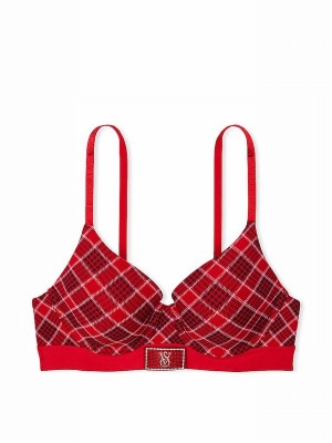 Red Victoria Secret Lipstick Plaid Lightly Lined Demi Shine Patch Bras | IQPUF9738