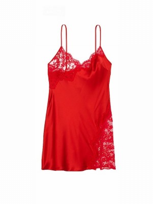Red Victoria Secret Vermillion Asymetrical Lace Satin Slip Nightwear | NPRSJ3049