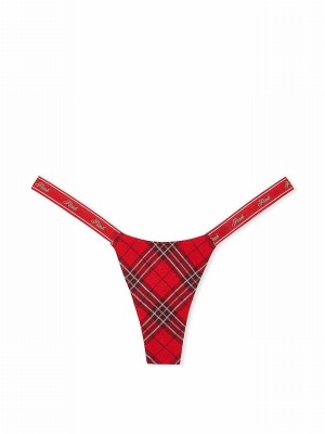 Red Victoria Secret Vermillion Plaid Cotton Logo Mini Scoop Thong Underwear | RUNSH4652