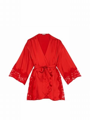 Red Victoria Secret Vermillion Satin Lace Trim Robe Lingerie | YGKCM5290