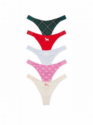 Red / Pink / Beige / White / Green Victoria Secret Thong Logo 5 Pack Underwear | TSLYO9107