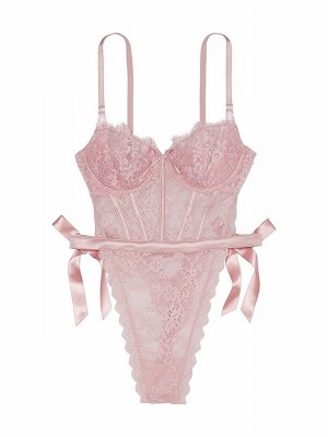 Rose / Pink Victoria Secret Chalk Unlined Balcony Lace Bodysuit Lingerie | DHJTE7382