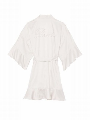 White Victoria Secret Coconut Flounce Satin Robe Nightwear | NBUIH6427