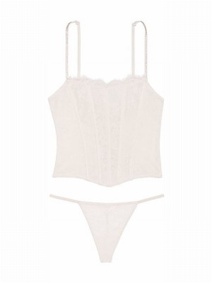 White Victoria Secret Coconut Lace Twinkle Shine Strap Corset and Knicker Set Lingerie | GAEHM8109