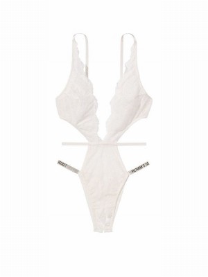 White Victoria Secret Coconut Shine Strap Lace Crotchless Bodysuit Lingerie | CJLVO4105