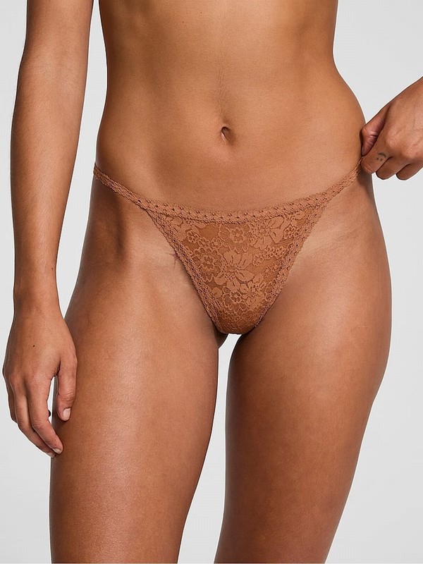 Beige Victoria Secret Caramel Nude G String Floral Lace Underwear | YCNXO3081