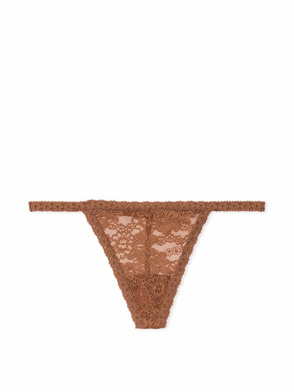 Beige Victoria Secret Caramel Nude G String Floral Lace Underwear | YCNXO3081