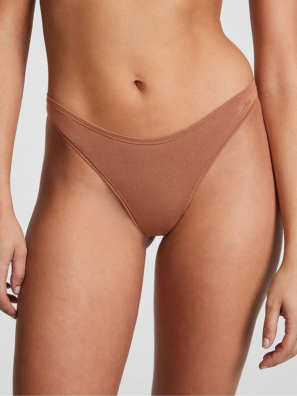Beige Victoria Secret Caramel Nude Thong Cotton Cheeky Underwear | UWBKM2851