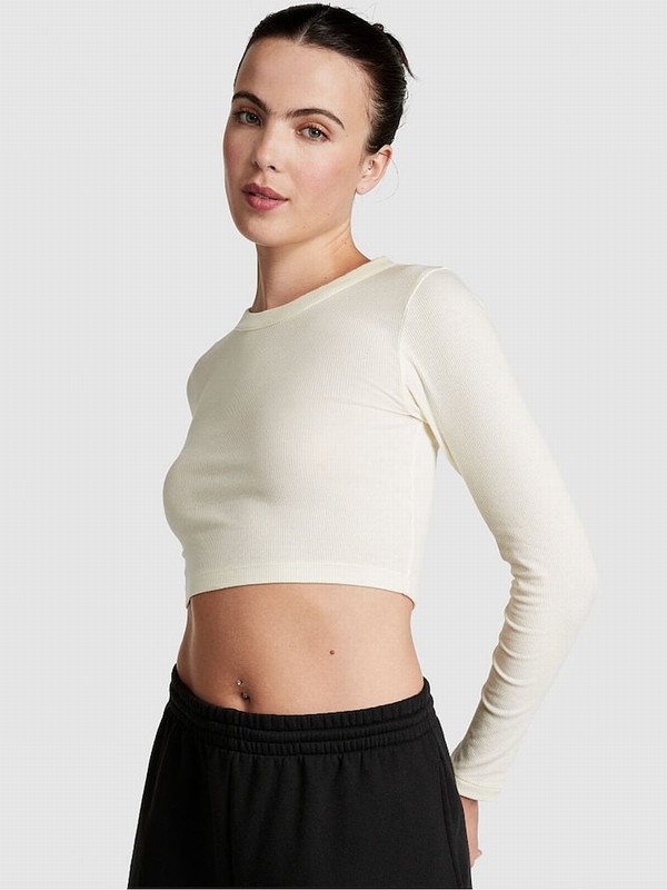 Beige Victoria Secret Creamer Long Sleeve Ribbed Crop Top T Shirts | ELFOA1695