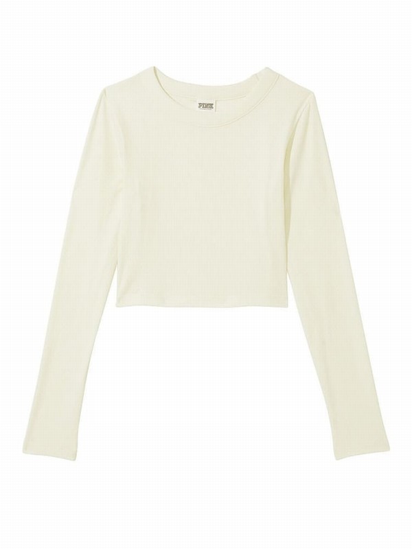 Beige Victoria Secret Creamer Long Sleeve Ribbed Crop Top T Shirts | ELFOA1695