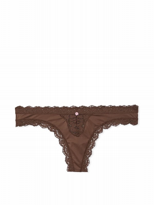 Beige Victoria Secret Ganache Nude Lace Trim Thong Underwear | UJZQE6832
