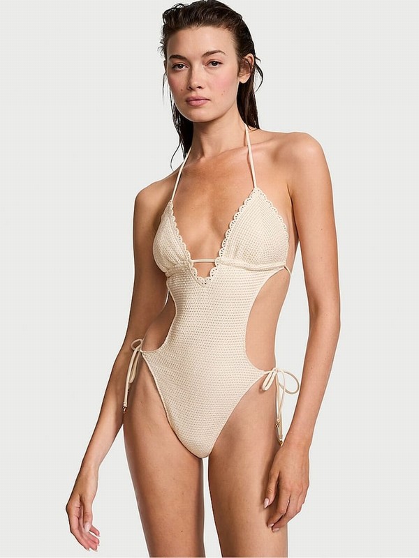 Beige Victoria Secret Linen Nude Crochetsuit Swimsuits | OHMSG2865