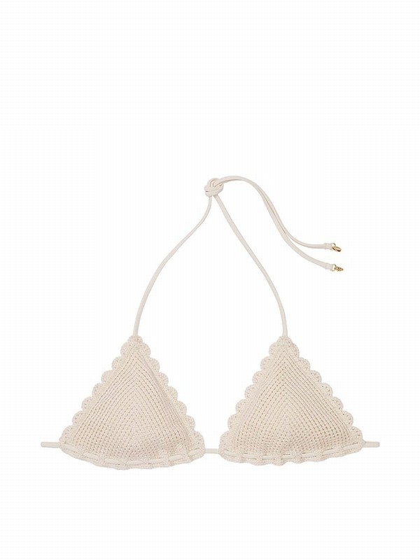 Beige Victoria Secret Linen Nude Triangle Crochet Bikini Top | KNIVE7946