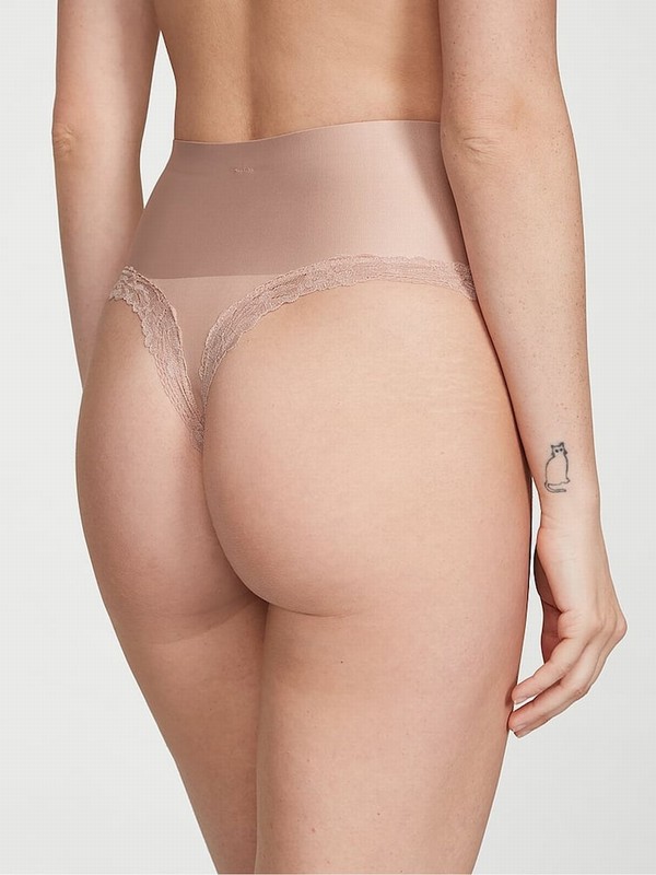 Beige Victoria Secret Macaron Nude Lace Trim Thong Shaping Lingerie | WFOBK5431