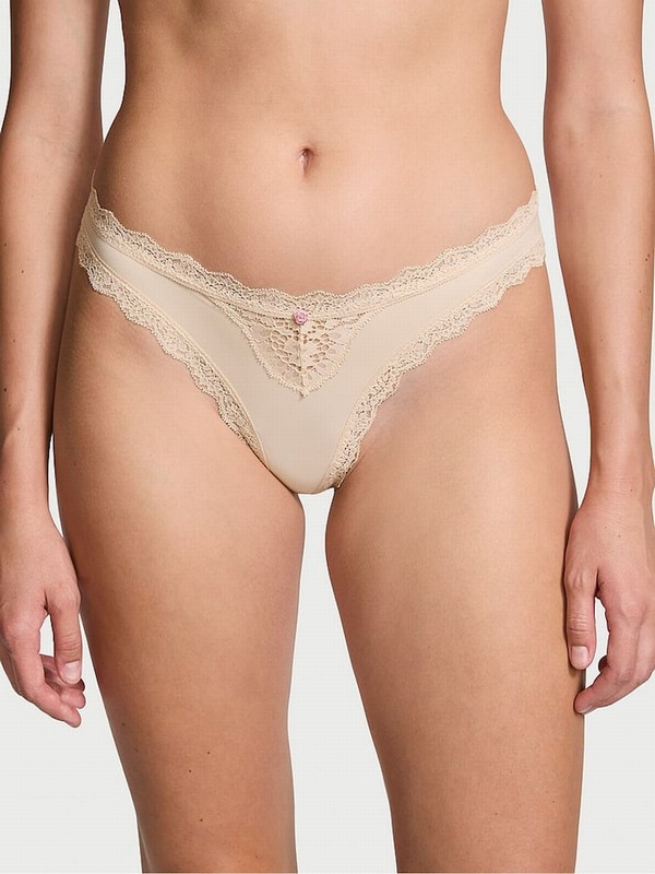 Beige Victoria Secret Marzipan Nude Lace Trim Thong Underwear | UIEXH4276
