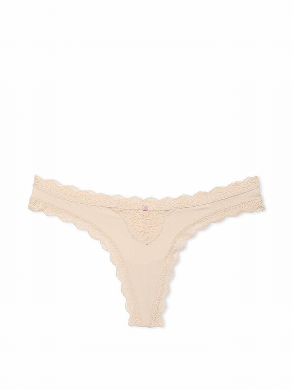 Beige Victoria Secret Marzipan Nude Lace Trim Thong Underwear | UIEXH4276
