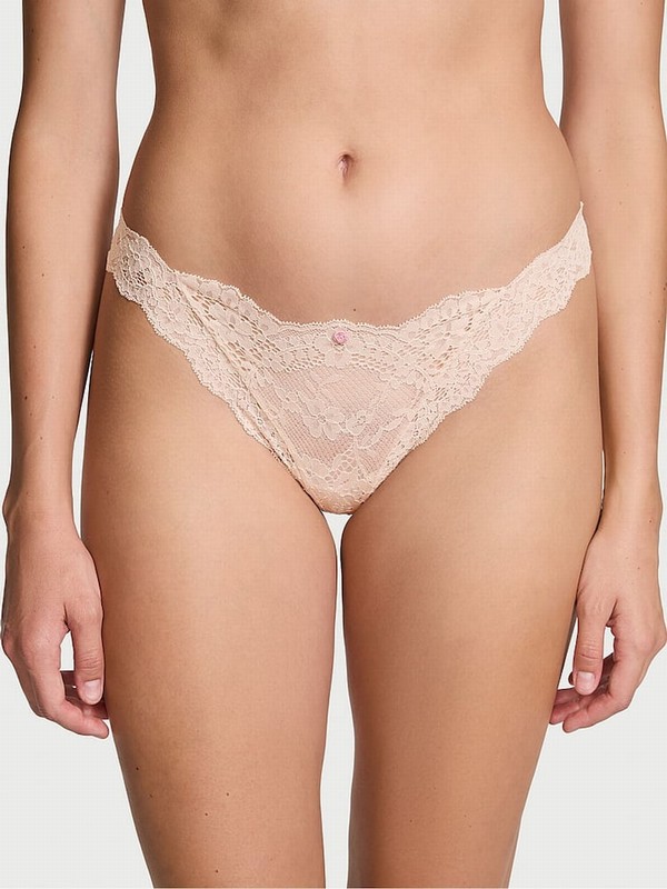Beige Victoria Secret Marzipan Nude Lace Thong Underwear | QMUKC1635