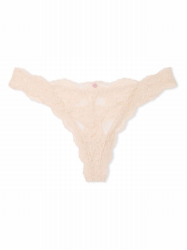 Beige Victoria Secret Marzipan Nude Lace Thong Underwear | QMUKC1635
