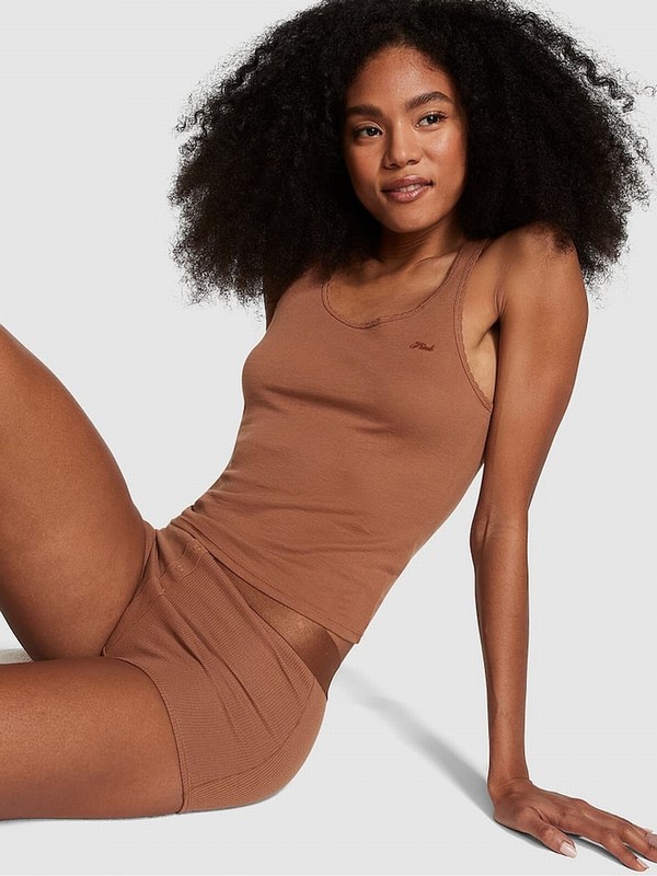 Beige Victoria Secret Nude Caramel Cotton Top Nightwear | QPSGN6019