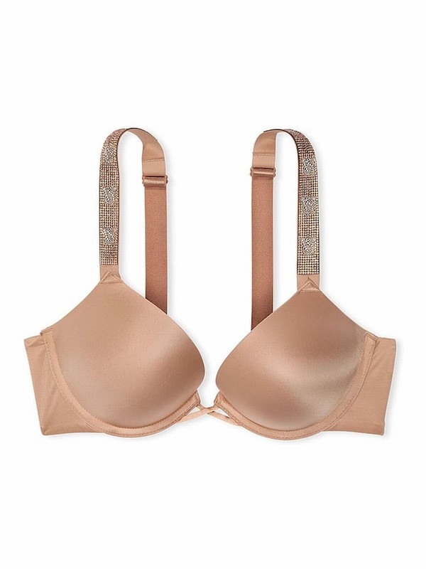 Beige Victoria Secret Praline Nude Bombshell Add 2 Cups Push Up Shine Strap Bras | OXNQZ6948