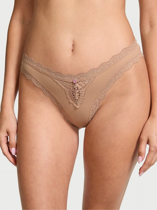 Beige Victoria Secret Praline Nude Lace Trim Thong Underwear | DMIQL2537