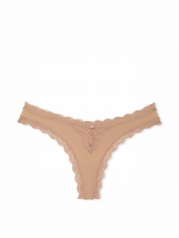 Beige Victoria Secret Praline Nude Lace Trim Thong Underwear | DMIQL2537
