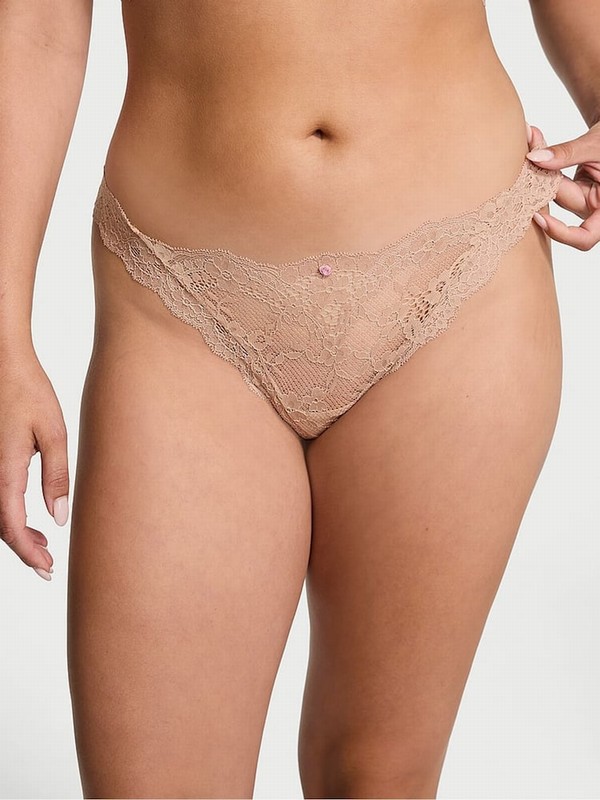 Beige Victoria Secret Praline Nude Lace Thong Underwear | KMIGV8459