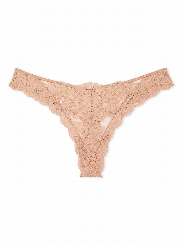 Beige Victoria Secret Praline Nude Lace Thong Underwear | KMIGV8459