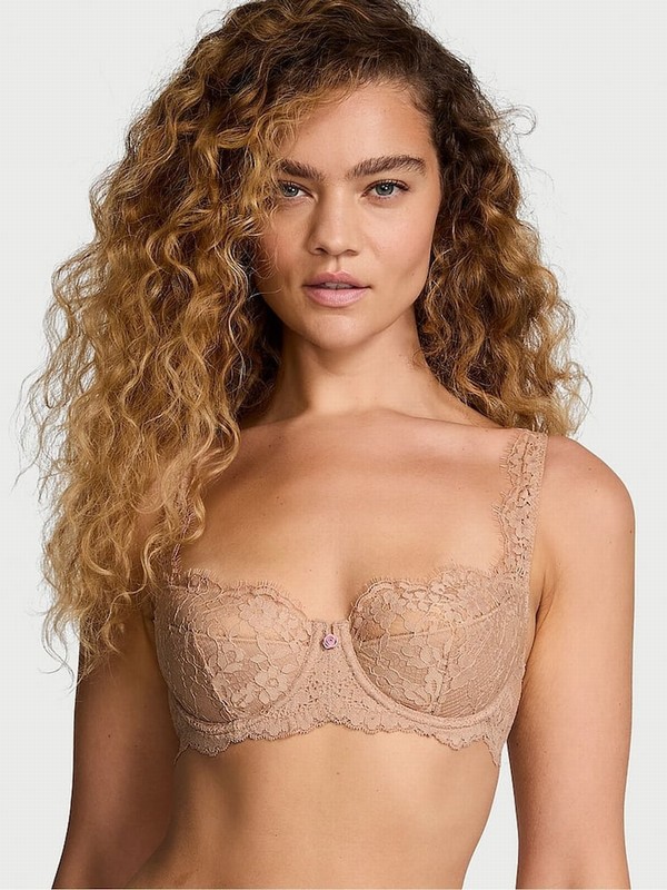 Beige Victoria Secret Praline Nude Lace Lightly Lined Balcony Bras | VIZST3609
