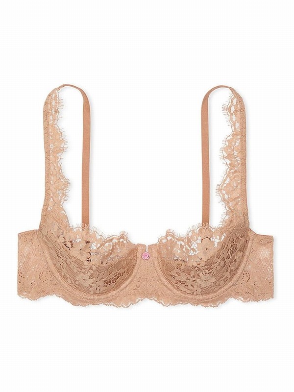 Beige Victoria Secret Praline Nude Lace Lightly Lined Balcony Bras | VIZST3609