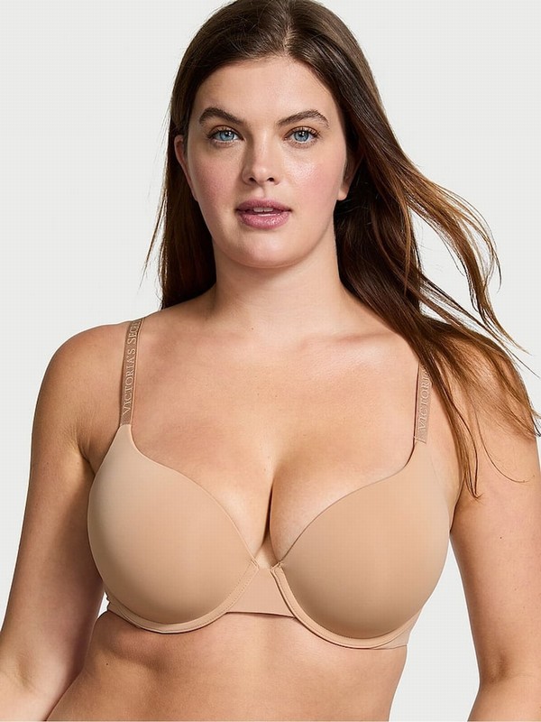 Beige Victoria Secret Praline Nude Logo Full Cup Push Up Bras | XBWFY3760
