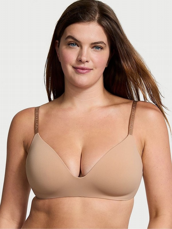 Beige Victoria Secret Praline Nude Logo Strap Non WiLightly Lined Bras | XBDAR3841