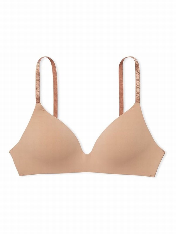 Beige Victoria Secret Praline Nude Logo Strap Non WiLightly Lined Bras | XBDAR3841