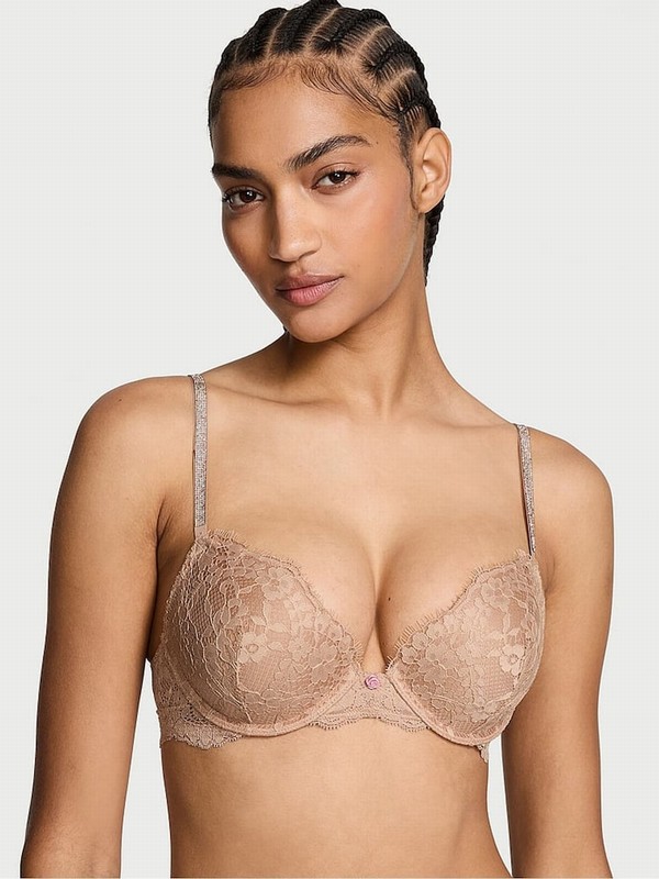 Beige Victoria Secret Praline Nude Push Up Twinkle Shine Strap Bras | GZAQY5106