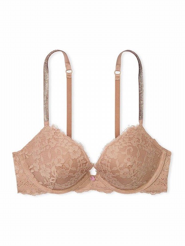 Beige Victoria Secret Praline Nude Push Up Twinkle Shine Strap Bras | GZAQY5106