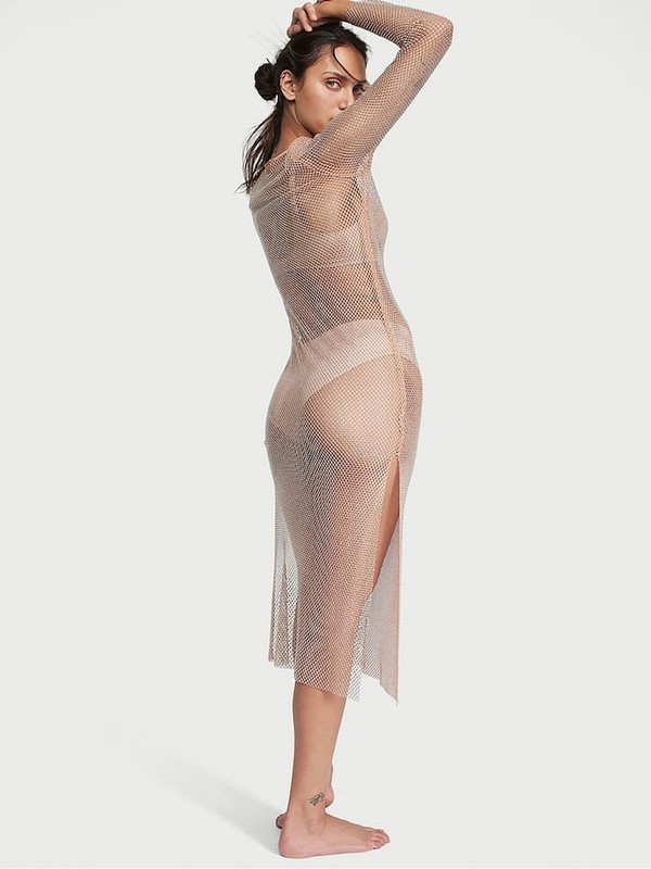 Beige Victoria Secret Praline Nude Shine Mesh Long Slip Nightwear | HKPXM5231