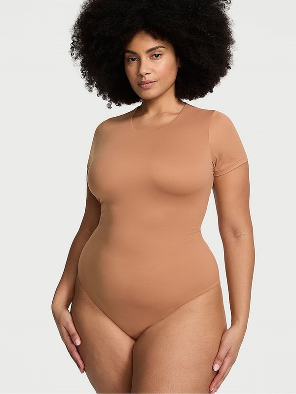 Beige Victoria Secret Toffee Nude FeatherSoft™ BODYWEAR-Sleeve Bodysuit Lingerie | MSQPH3547
