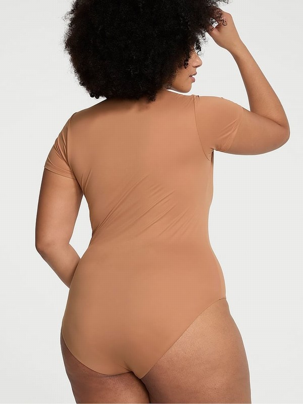Beige Victoria Secret Toffee Nude FeatherSoft™ BODYWEAR-Sleeve Bodysuit Tops | CUBQT0175