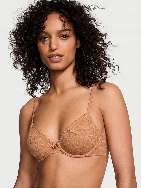 Beige Victoria Secret Toffee Nude Lace Demi Invisible Lift Minimiser Bras | DHSBW8049