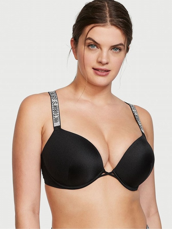 Black Victoria Secret Add 2 Cups Push Up Shine Strap Bikini Top | FLUPM4978